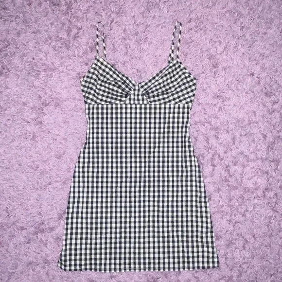 M VTG Kookai Black & White Gingham Print Picnic Hourglass Bodycon Mini Dress - Picture 3 of 10